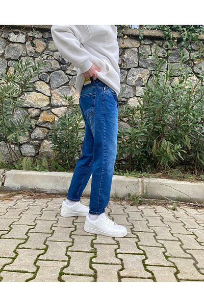 oraystore Pantaloni Boyfriend cu efect albastru închis