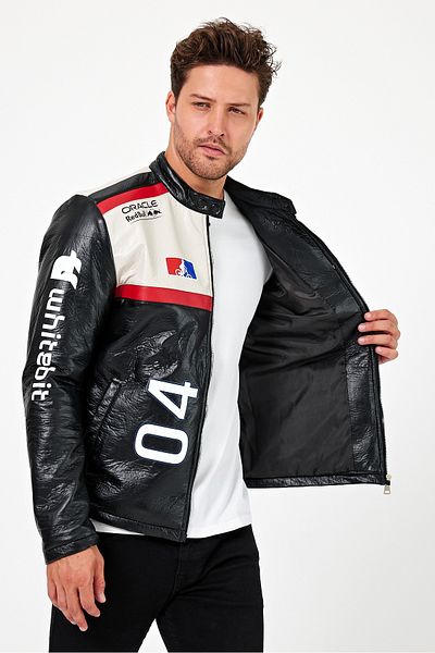 Black Level Ανδρικό Oversize Puff Leather Racer Jacket College Παλτό με στάμπα με φερμουάρ Bomber