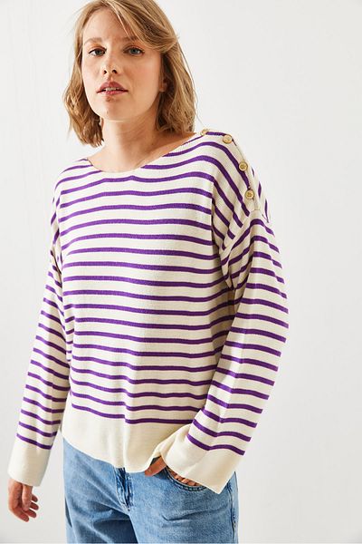 Bianco Lucci Striped Shoulder Buttoned Women's Sweater - 20247511