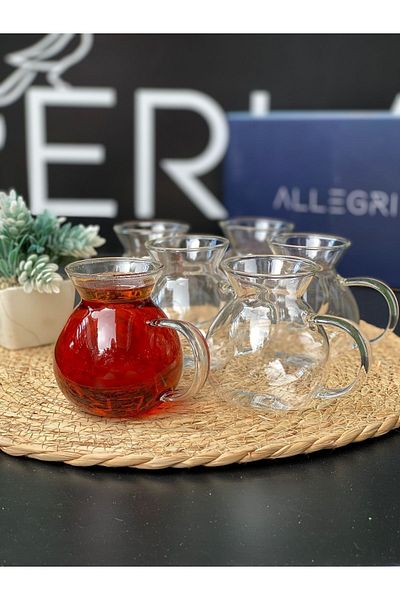 PERLAEVKAHVE Chubby 6-Piece Pyrex Tea Cup with Handle 200 Ml, Chubby Mug, Fire Resistant Glass