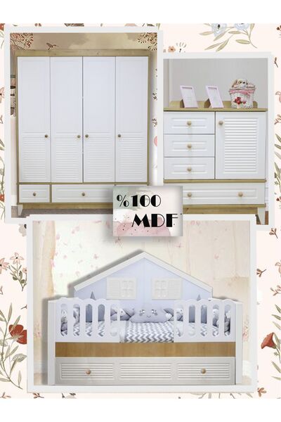 Koza %100 Mdf Panjur Ahşap Beyaz Duvar Çatılı Mega Bebek & Çocuk Odası Takımı