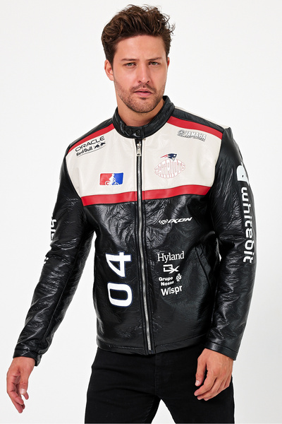 Black Level Ανδρικό Oversize Puff Leather Racer Jacket College Παλτό με στάμπα με φερμουάρ Bomber