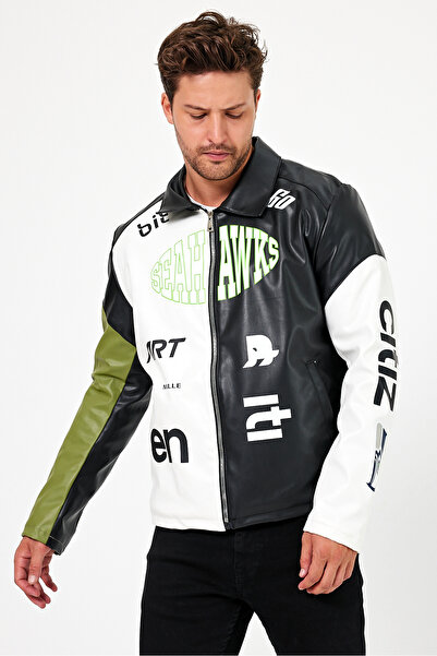 Black Level Ανδρικό παλτό με στάμπα Oversize Biker - College Bomber παλτό με γαρνιτούρα με φερμουάρ και επένδυση