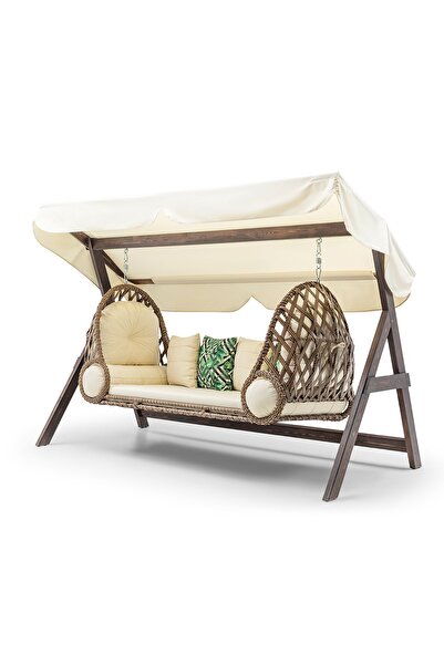 Hier Swing Saltanat Ahşap Rattan Salıncak Dış Mekan Bahçe Balkon Ve Teras Salıncağı Krem