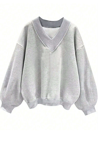 FUWEAR Oversize V Yaka Düz Sweatshirt