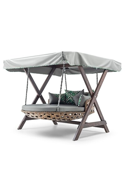 Hier Dominik Swing Ahşap Rattan Salıncak Dış Mekan Bahçe Balkon Ve Teras Salıncağı Gri