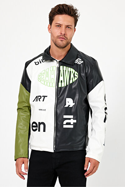 Black Level Ανδρικό παλτό με στάμπα Oversize Biker - College Bomber παλτό με γαρνιτούρα με φερμουάρ και επένδυση