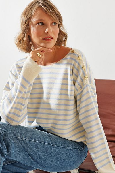 Bianco Lucci Striped Shoulder Buttoned Women's Sweater - 20247511