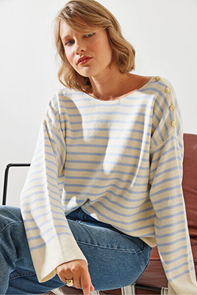Bianco Lucci Striped Shoulder Buttoned Women's Sweater - 20247511
