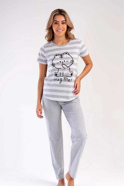 New Pajamas Gray Patterned Crew Neck Oval Skirt Single Jersey Women's Pajamas Set - Short Sleeve