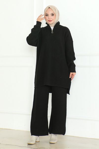 Bestenur Black Knitwear Set - Zippered Tunic and Trousers 1126