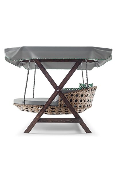Hier Dominik Swing Ahşap Rattan Salıncak Dış Mekan Bahçe Balkon Ve Teras Salıncağı Gri