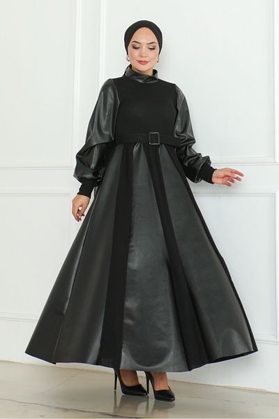 Bestenur Black Zelan Belted Leather Dress 1122