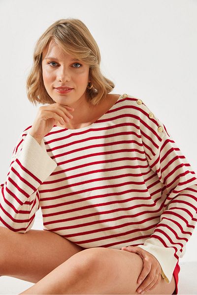 Bianco Lucci Striped Shoulder Buttoned Women's Sweater - 20247511
