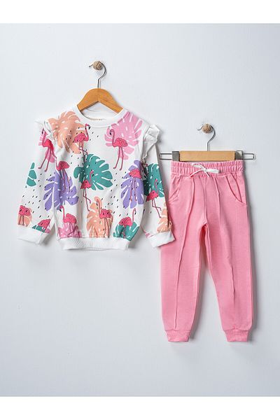 BUUFUU Flamingo Printed Girls' Set - Long Sleeve, Pockets and Ruffles