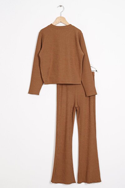 zepkids Girl - Crew Neck and Printed Long Sleeve Brown Trousers Set