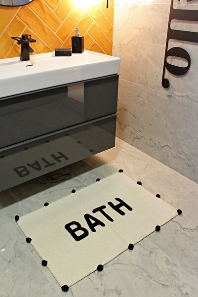 RUGSMODERN Χαλάκι μπάνιου Bath Black Pompom με λεπτομέρεια και γράμματα 90×57