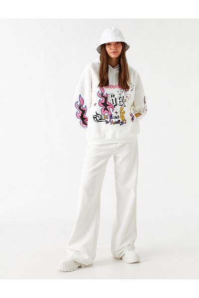 Koton Printed Sweatshirt Hooded With Fleece Inside