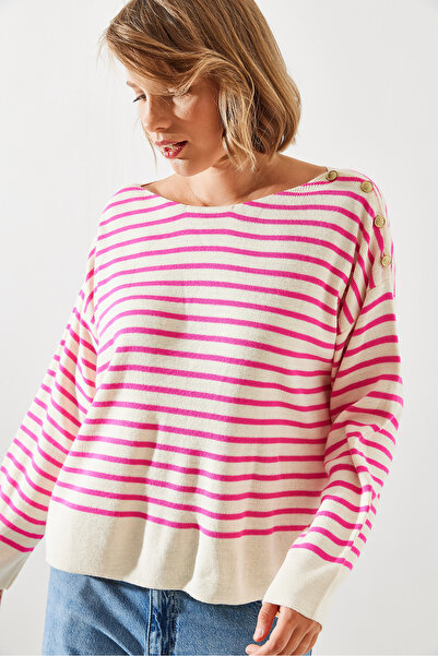 Bianco Lucci Striped Shoulder Buttoned Women's Sweater - 20247511