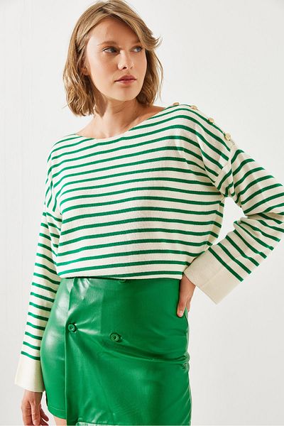 Bianco Lucci Striped Shoulder Buttoned Women's Sweater - 20247511