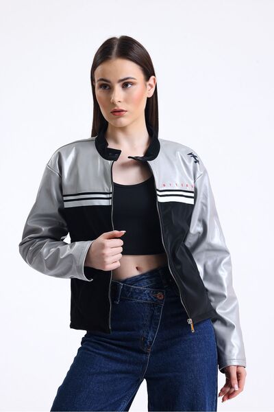 Black Level Жіноча шкіряна куртка з принтом, застібкою-блискавкою та смужкою, коміром-стійкою, кнопками та мотоциклетним коміром, сіра