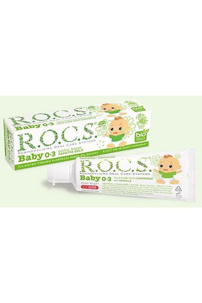 R.O.C.S. معجون أسنان للأطفال بعمر 0-3 سنوات - مستخلص البابونج، 35 مل + فرشاة أسنان روكس وحاوية تخزين