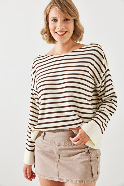 Bianco Lucci Striped Shoulder Buttoned Women's Sweater - 20247511