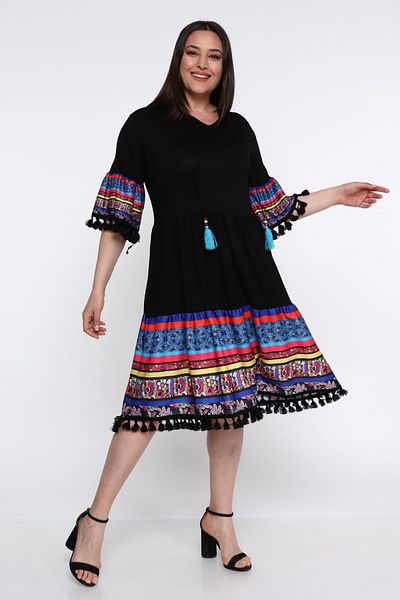 Ebsumu Women's Large Size Colorful Garni and Tassel Detailed Black Dress