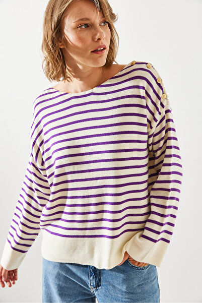 Bianco Lucci Striped Shoulder Buttoned Women's Sweater - 20247511
