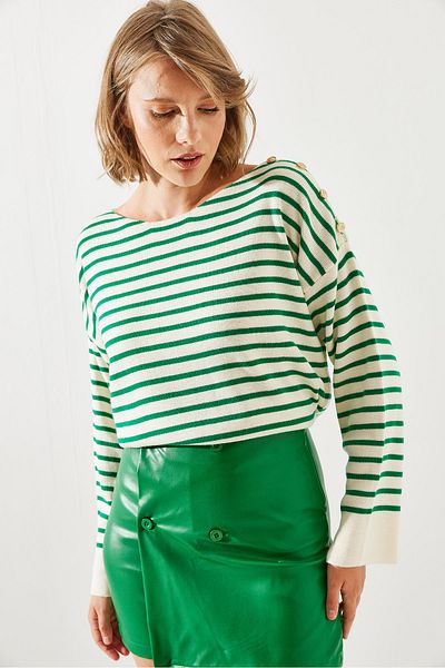 Bianco Lucci Striped Shoulder Buttoned Women's Sweater - 20247511