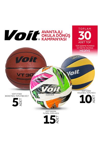 Voit Voit Ball Set - 5 Pcs Vt300 Basketball + 15 Pcs Magma Football + 10 Pcs Vl800 Volleyball Ball + Inflator Pump