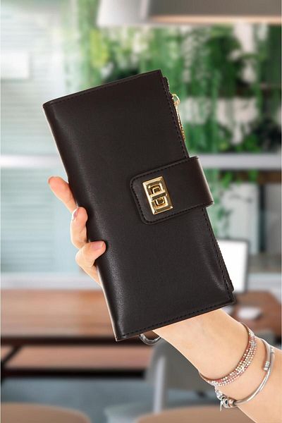 Adelina Bags Portofel portofoliu pentru monede din hârtie Venesia neagră pentru femei, cu compartiment pentru carduri