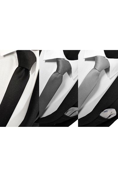 BLC Basic Line Co. Pack of 3 Black Smoke Silver Gray Extra Thin 4 cm Wide Plain Tie Handkerchief Set