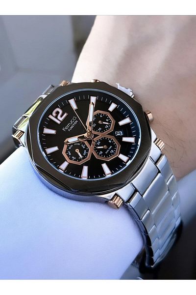 Ferrucci Men's Anthracite Black Dual Time Octagonal Case Clock - Functional Design