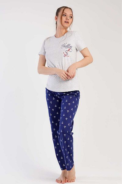 New Pajamas Set de pijamale cu tiv oval, cu mâneci scurte, cu decolteu, cu model gri bleumarin