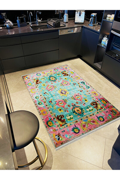 Rugs Modern Halı Pembe Yeşil Tonlarda Çiçek Detaylı Antik Tasarım Serisi Mode...