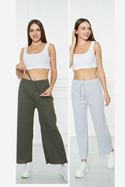 Rudaconcept HAKİ-GRİ 2 Adet Rahat Fitilli Pijama Altı, 2'li Rahat Pijama Altı...