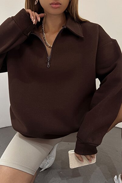 Sun Victoria Kadın Kahverengi Polo Yaka Oversize 3 Iplik Şardonlu Sweatshirt