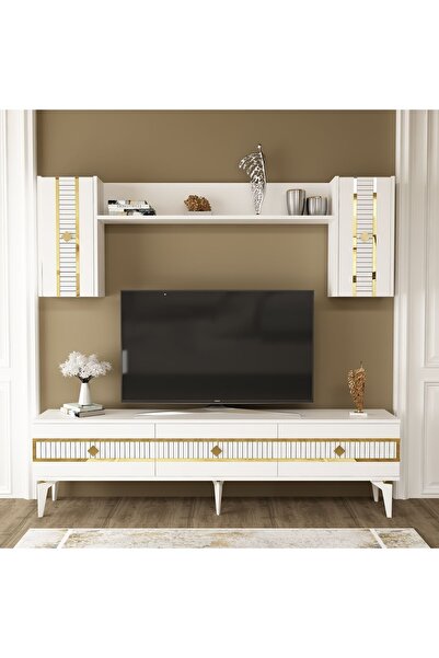 cantek dizayn NOVA TV ÜNİTESİ TAKIMI BEYAZ-ALTIN