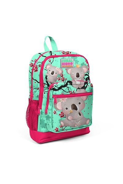 Yaygan Coral High Kids Water Green Neon Coral Koala Patterned Four Compartment School Backpack 23713