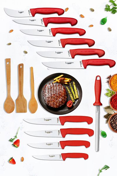 LAZBİSA Silver Series 14 Piece Kitchen Knife Set - Masat, Montesev and Wooden Spoon