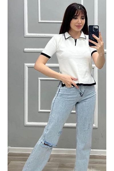 DAMGA Collection Γυναικεία πλεκτή μπλούζα με κοντό μανίκι Polo λαιμόκοψη