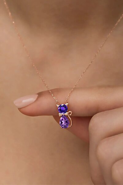 Karem Jewellery Mor Taşlı Kedi Rose Altın Kaplama Kadın Kolye