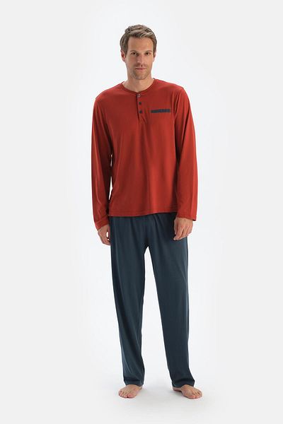 Dagi Rotes Modal-T-Shirt- und Hosen-Pyjama-Set aus gekämmter Baumwolle – halbe Knopfleiste, lange Ärmel