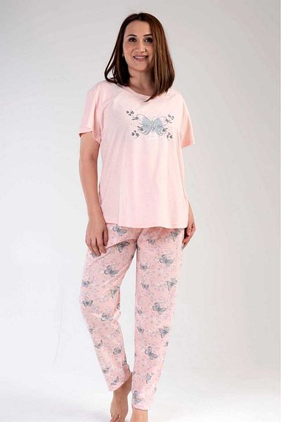 New Pajamas Salmon Color Women's Pajamas Set - Short Sleeve, Butterfly Pattern, Crew Neck Oval Skirt