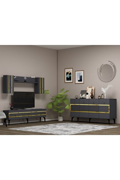 DEMONTE DECOR İpek 180 Cm Tv Ünitesi Ve Konsol 2'li Salon Takımı Antrasit-altın
