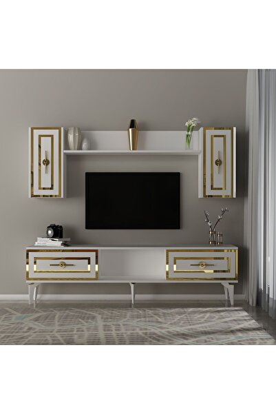 DEMONTE DECOR VİOLA TV ÜNİTESİ TAKIMI BEYAZ-ALTIN