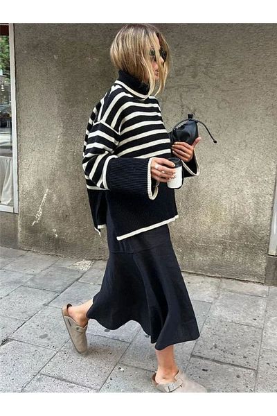 OlaLady Pulover oversize cu gât în dungi pentru damă, cu fantă laterală