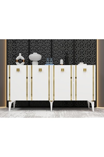 DEMONTE DECOR DORUK KONSOL 4 KAPAKLI RAFLI BEYAZ-ALTIN