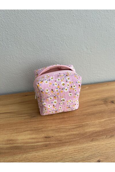 minyaturhayalim Pembe Minik Çiçekli Makyaj Ped Çantası Minik Boy Ölçüleri 10-10-7cm Astarlıdır Yıkanabilir